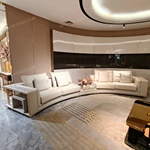 Curved Modular Luxury Sofa Set with Premium Top-Grain Leather, Polished Gold Stainless Steel Frame & Natural Marble Inlay